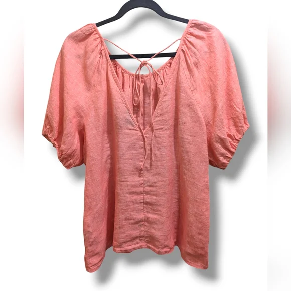J Crew V-back Linen Top Blouse Pink Puff Short Sleeves Back Tie Button Front- 14 - Picture 5 of 12
